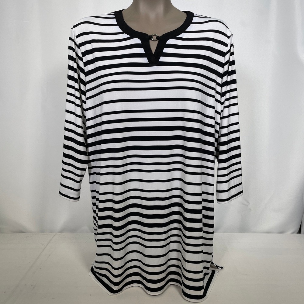 CJ Banks Black White Striped Long Sleeve Casual Career Tunic Dress Womens 1X NWT
